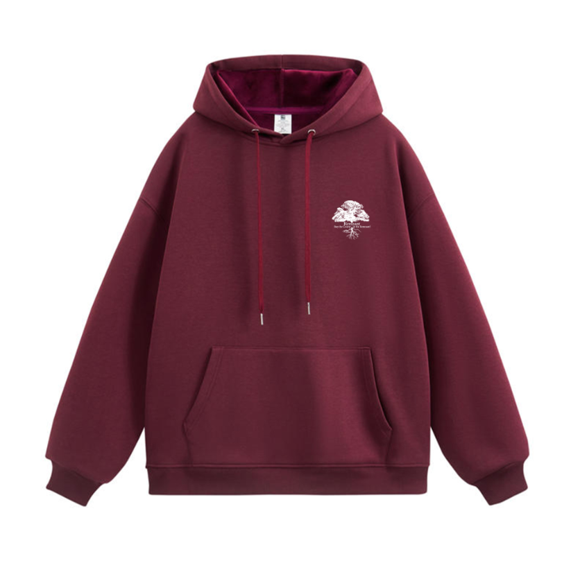 Antique Ruby hoodie with a small white Be The Remnant Apparel logo on a white background