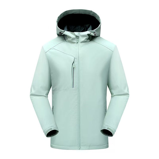 Light blue jacket with a hood on a white background